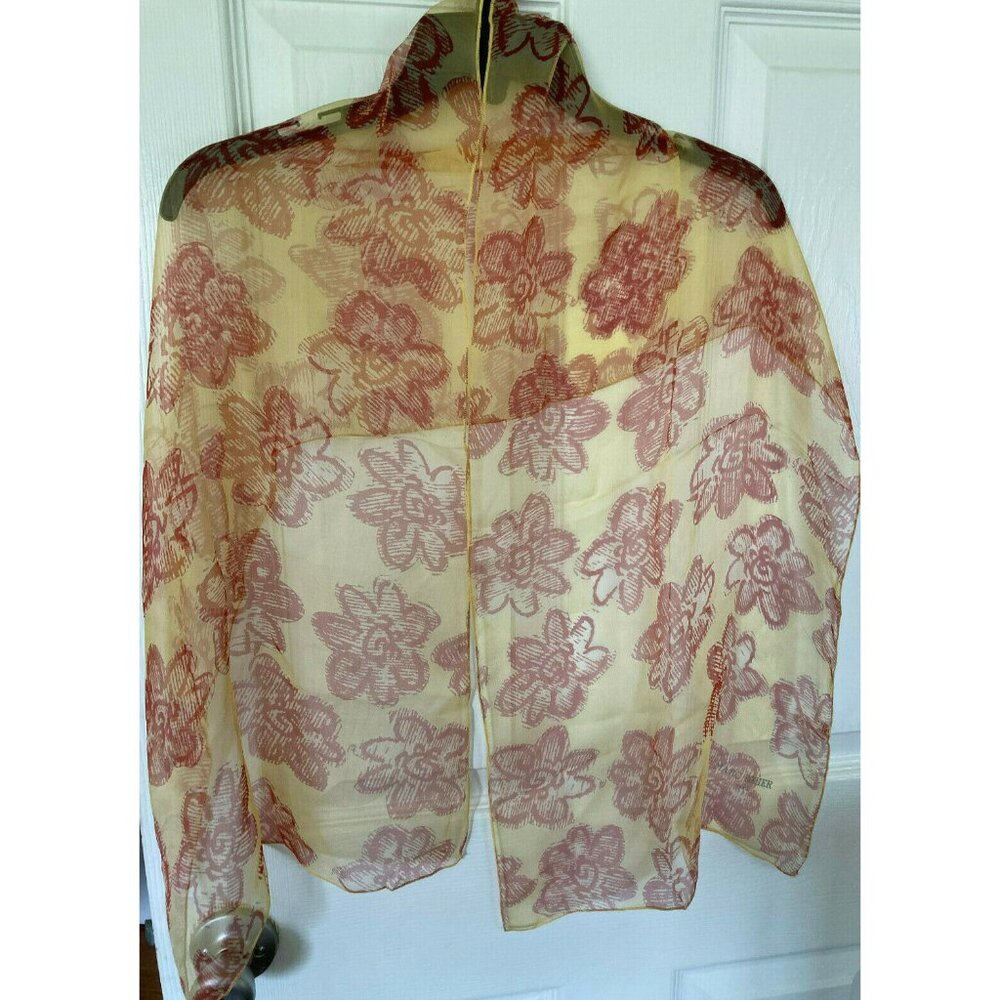 100% Silk Marc Rozier Paris Semi-Sheer Chiffon Orange Floral French Scarf Wrap